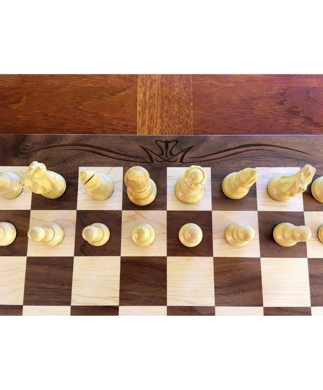 Handmade Walnut & Maple Tournament Chess Board with Calligraphy Border | Luxury Wooden Heirloom Chess Set