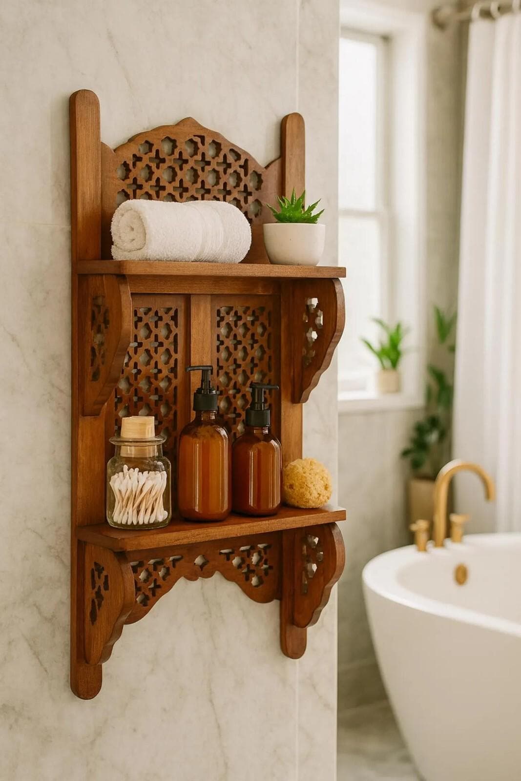 Hand-Carved Wooden Wall Shelf | Rustic Rosewood Kitchen Organizer | Two-Tier Storage Rack