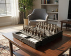 Handmade Metal Chess board Set with Storage Drawer, Gift Game Room Decor