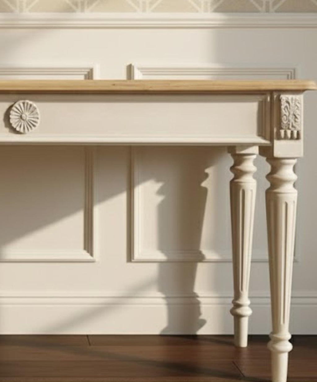 Distressed French Baroque Console Table | Rustic Whitewash Entryway Table | Hand-Carved Narrow Desk