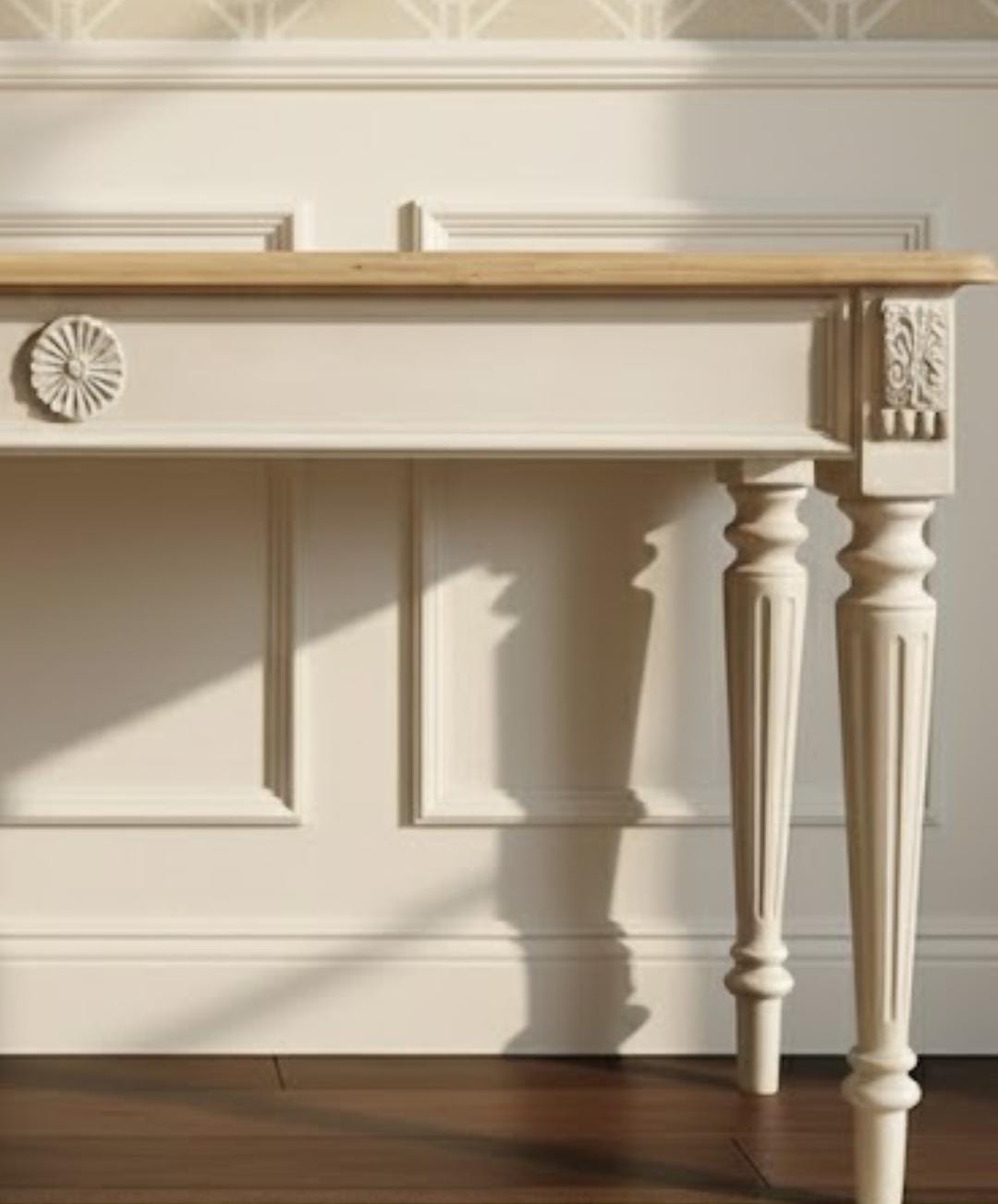 Distressed French Baroque Console Table | Rustic Whitewash Entryway Table | Hand-Carved Narrow Desk