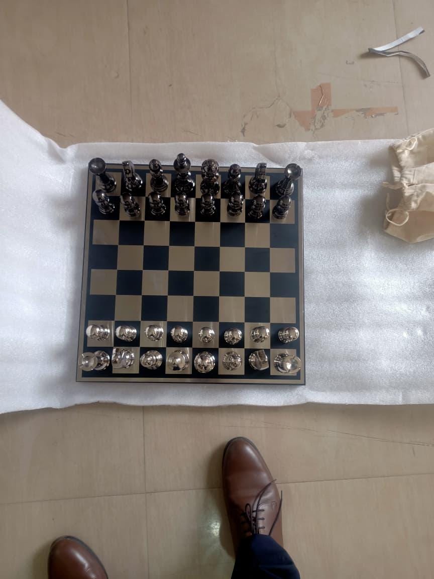 Handmade Metal Chess board Set with Storage Drawer, Gift Game Room Decor