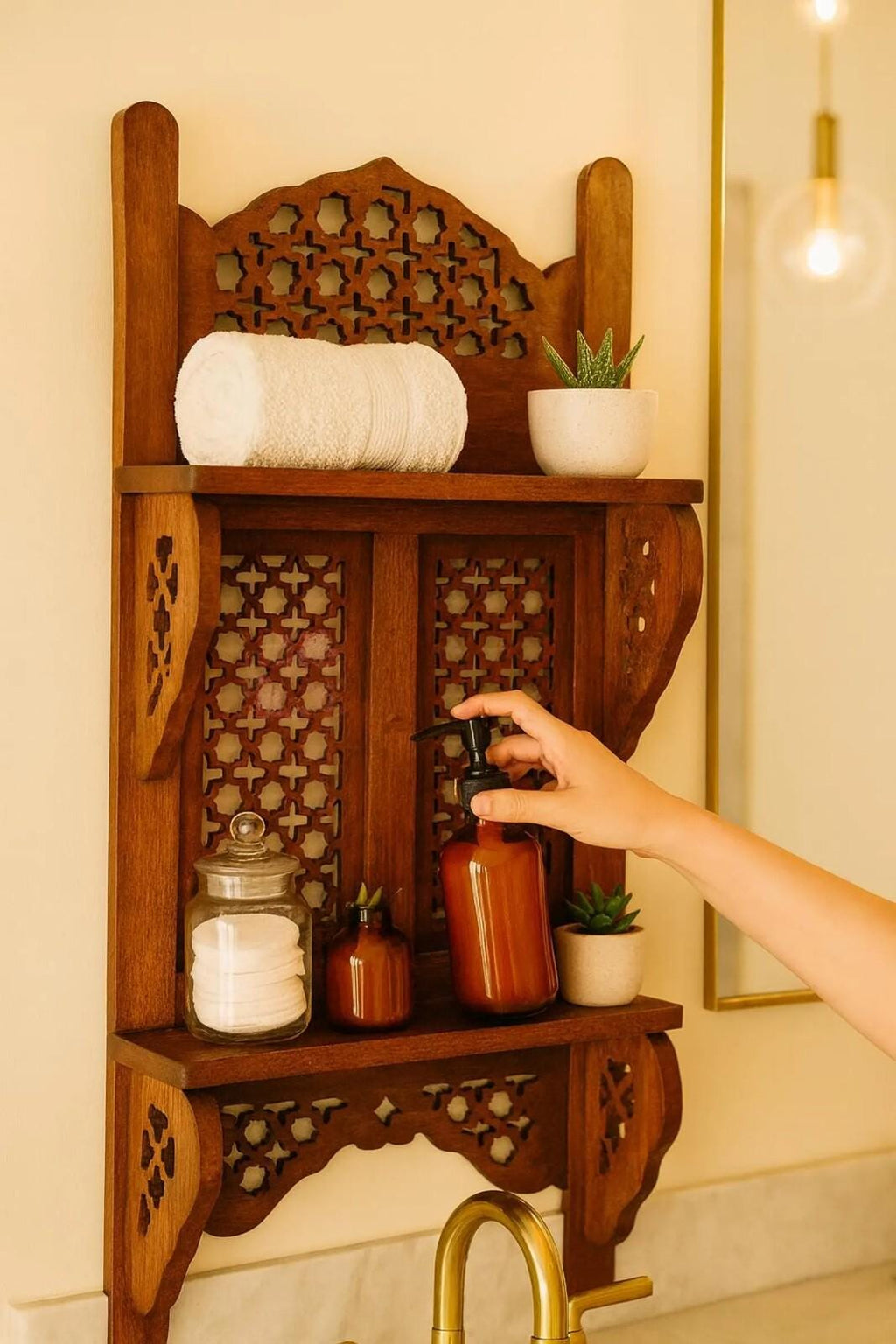 Hand-Carved Wooden Wall Shelf | Rustic Rosewood Bathroom Organizer | Two-Tier Storage Rack