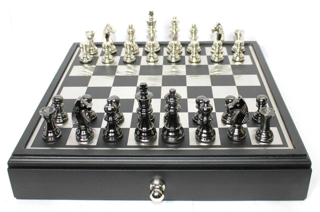 Handmade Metal Chess Set with Storage Drawer, Gift Game Room Decor