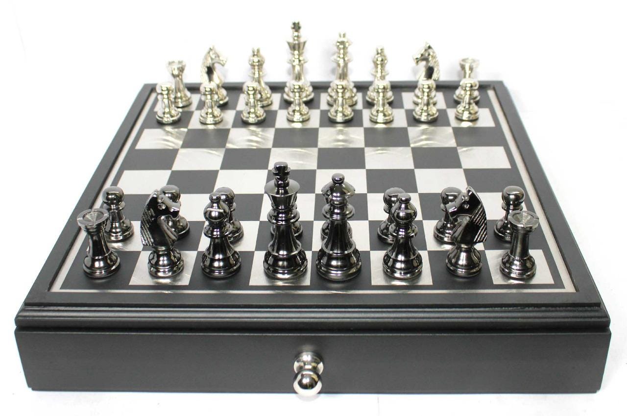 Handmade Metal Chess Set with Storage Drawer, Gift Game Room Decor