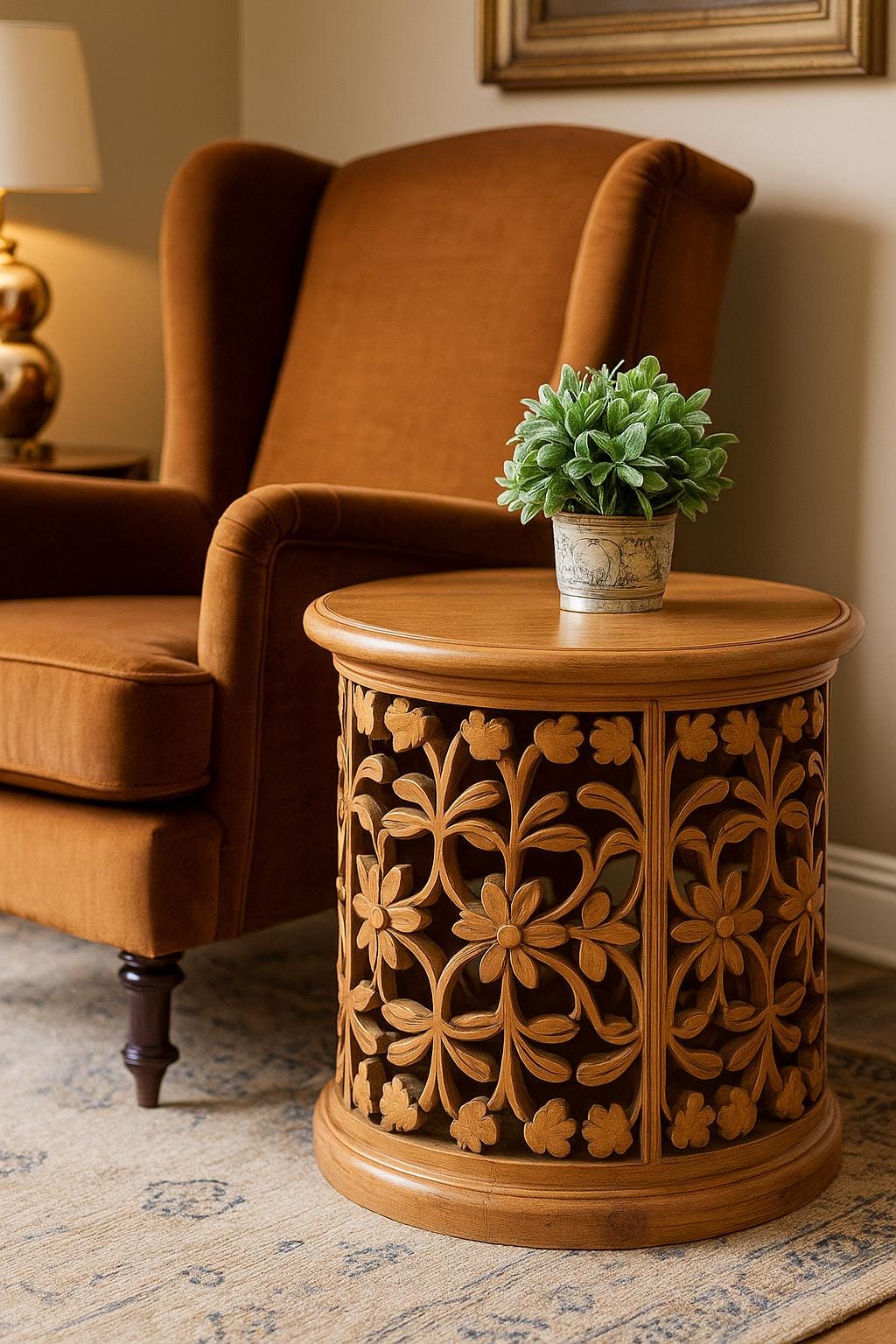 Hand-Carved Wooden Floral Side Table | Round Accent Table | Boho Living Room Decor