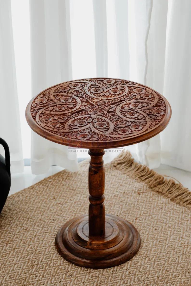 Handmade Round Wooden Side Table | Unique Carved Coffee Table | Moroccan Living Room Furniture
