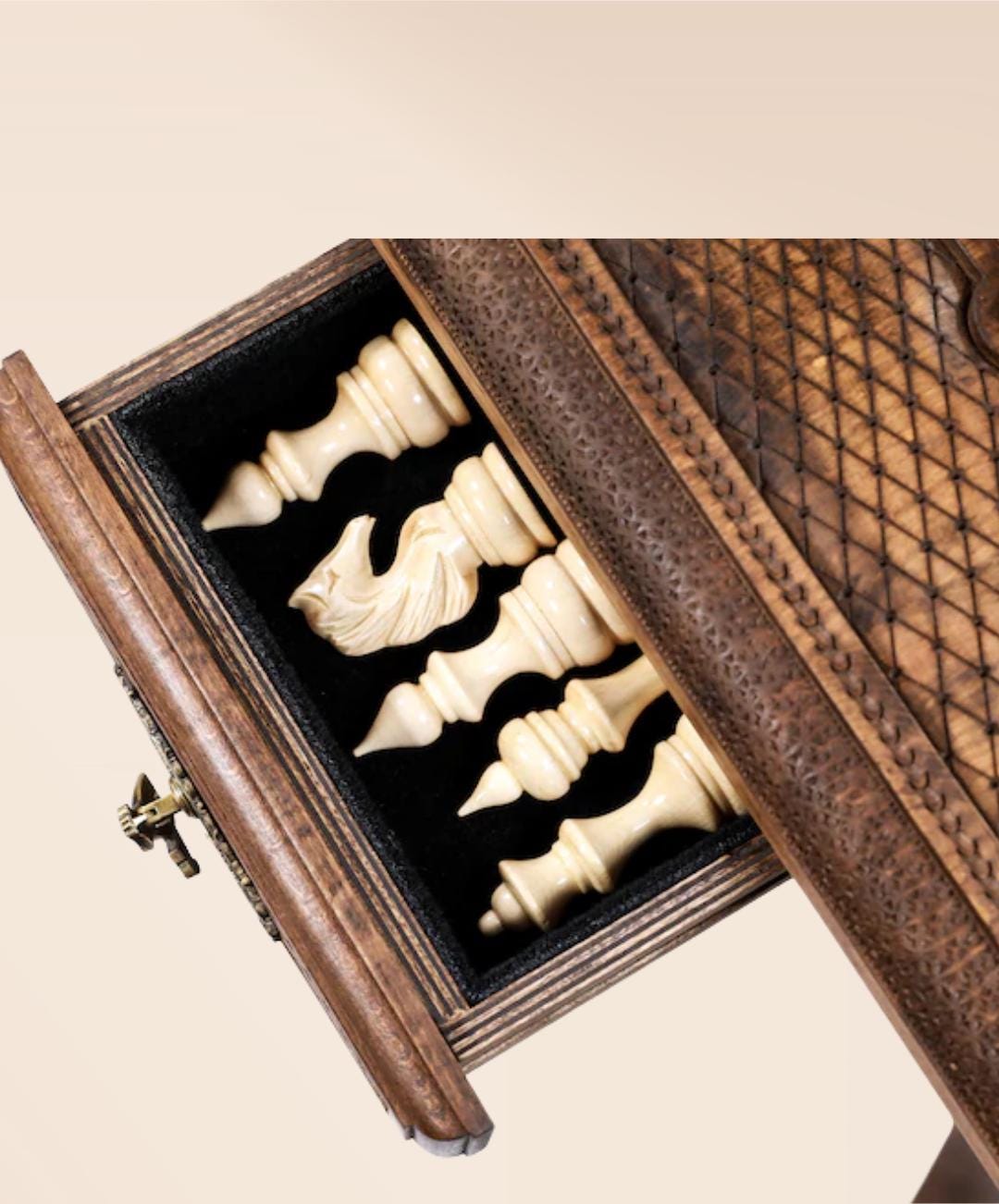 Handcrafted Beech Wood Chess Table – Luxury Ornamental Chess Set with Storage Drawers