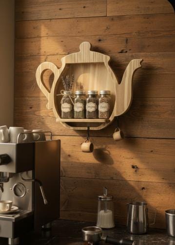 Teapot Shape Wooden Wall Shelf | Kitchen Spice Rack | Tea Organizer | Handmade by Arjun Handicrafts