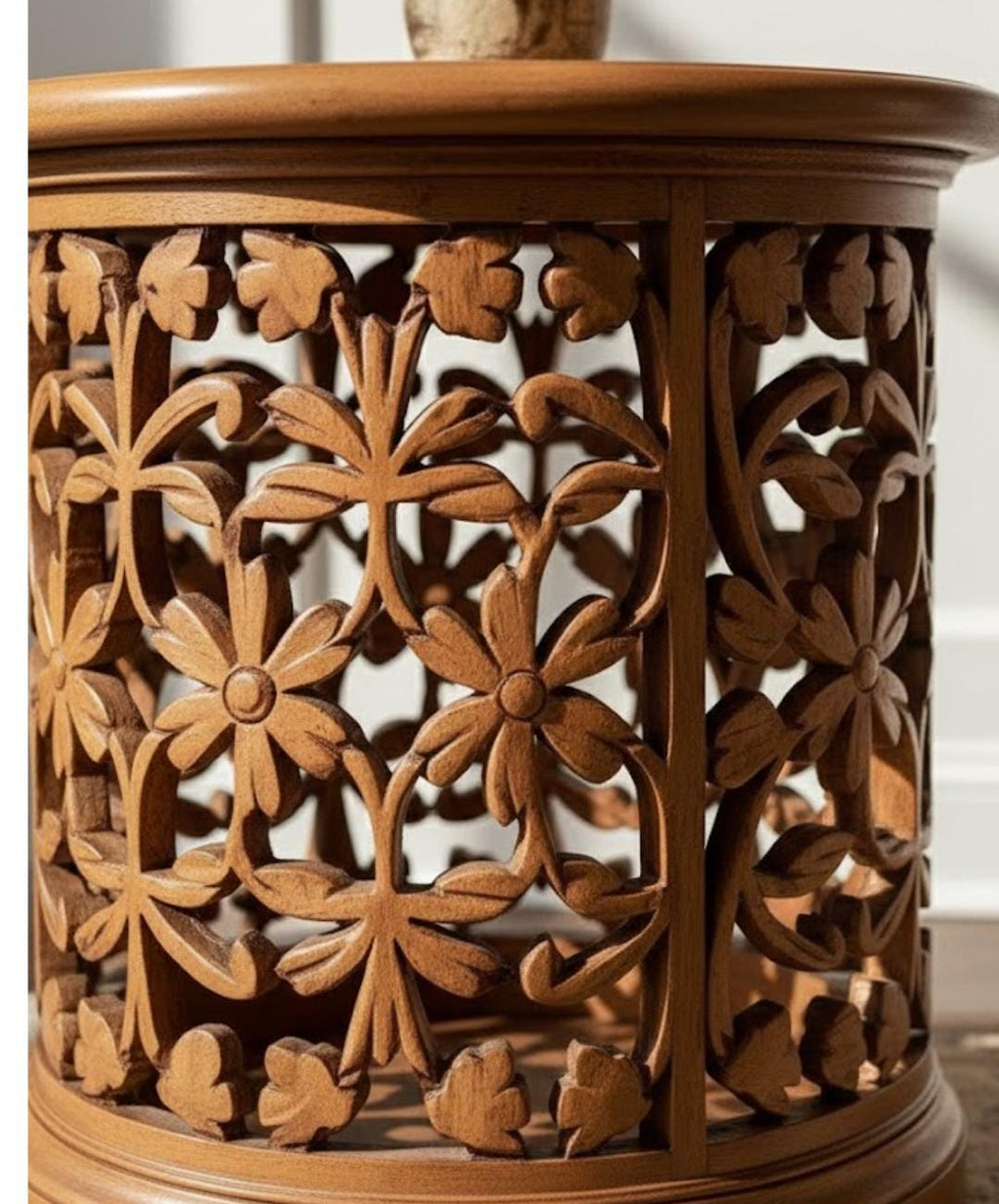 Hand-Carved Wooden Floral Side Table | Round Accent Table | Boho Living Room Decor