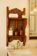 Hand-Carved Wooden Wall Shelf | Rustic Rosewood Kitchen Organizer | Two-Tier Storage Rack