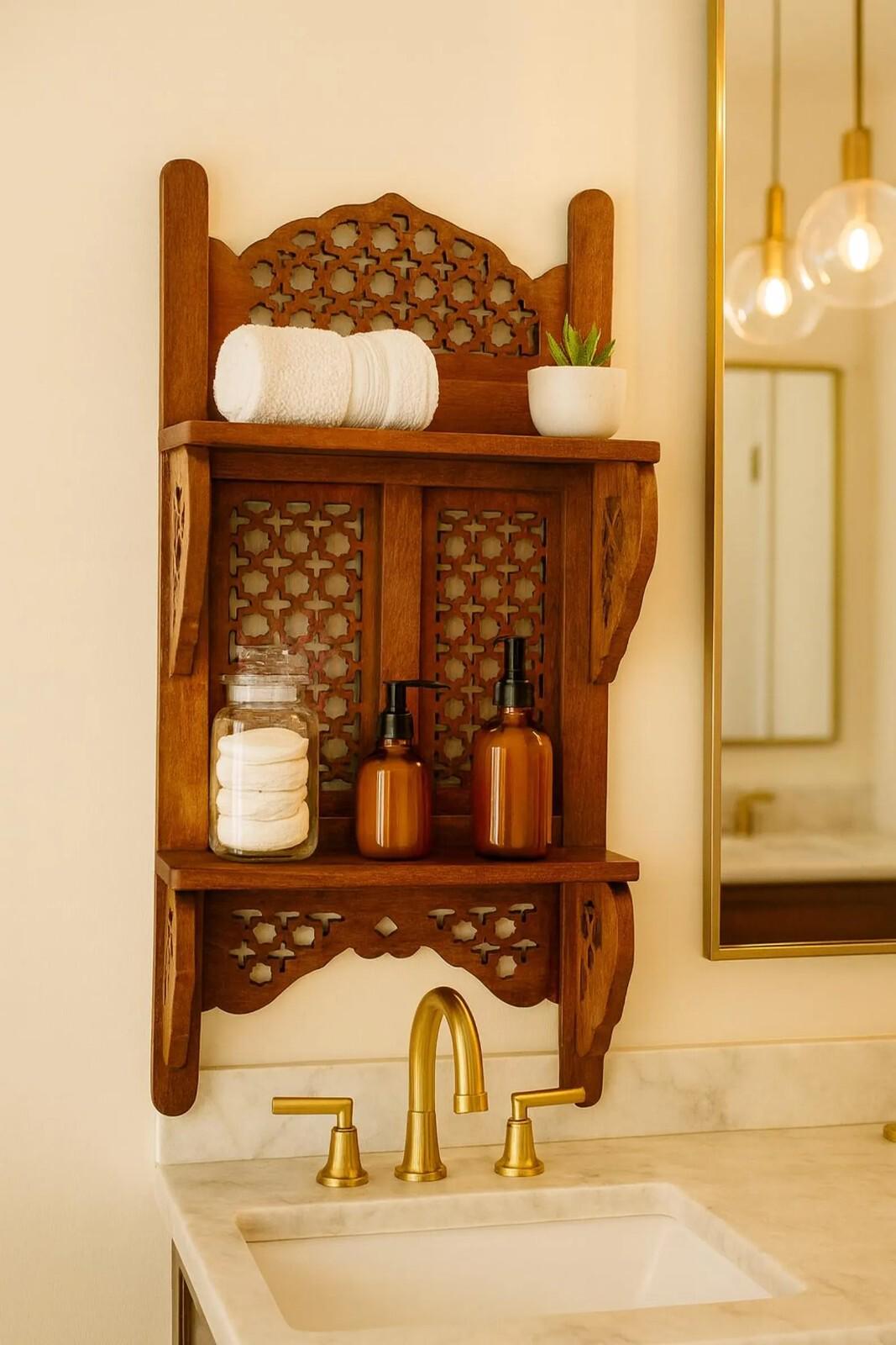 Hand-Carved Wooden Wall Shelf | Rustic Rosewood Kitchen Organizer | Two-Tier Storage Rack