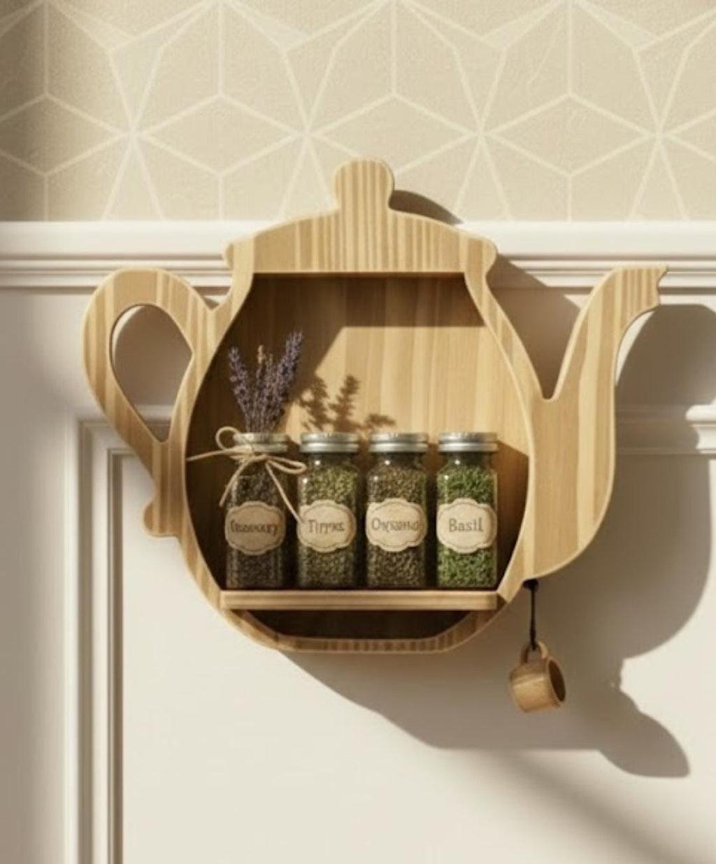 Teapot Shape Wooden Wall Shelf | Kitchen Spice Rack | Tea Organizer | Handmade by Arjun Handicrafts
