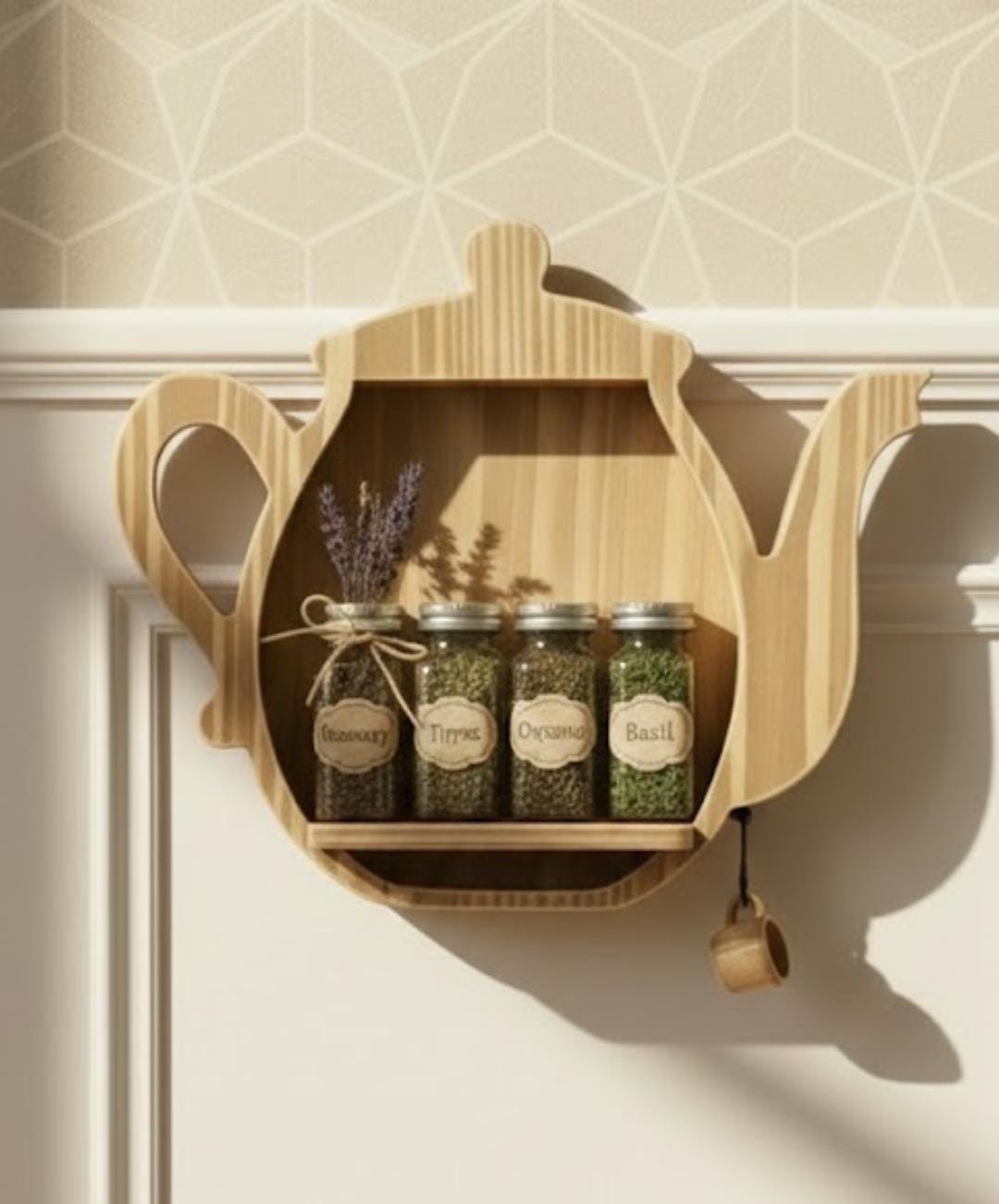 Teapot Shape Wooden Wall Shelf | Kitchen Spice Rack | Tea Organizer | Handmade by Arjun Handicrafts