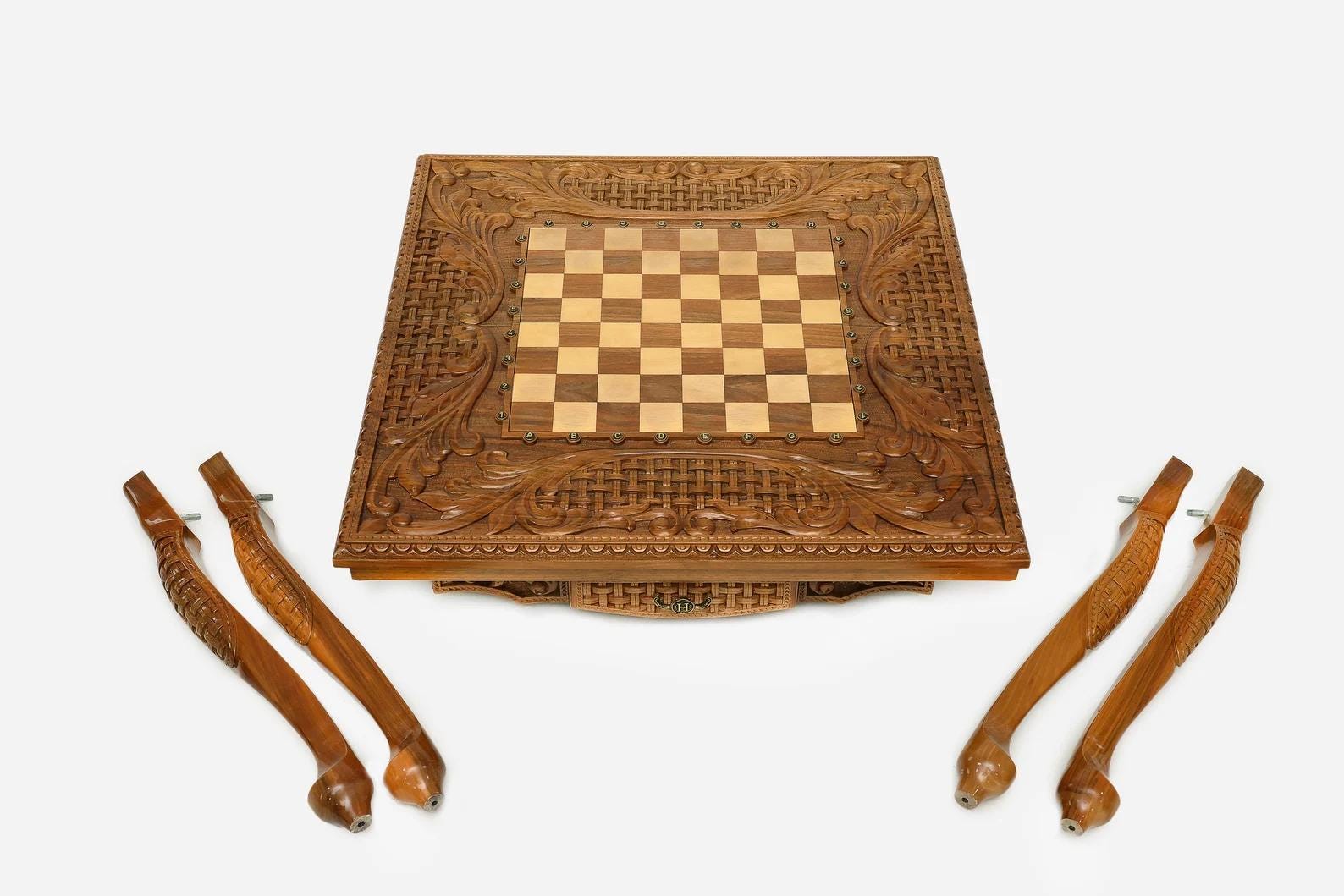 Handmade Chess & Backgammon Table – Engraved Walnut Board Game Set