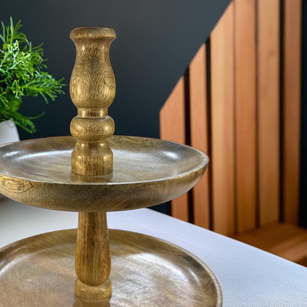 Handcrafted Wooden 2-Tier Serving Stand – 25x25x26 cm