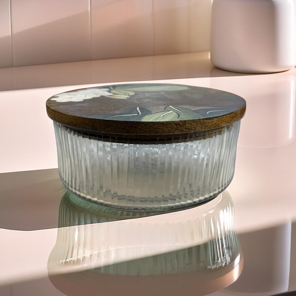 Fluted Glass Roti Box with Wooden Lid – 20x20x9.5 cm