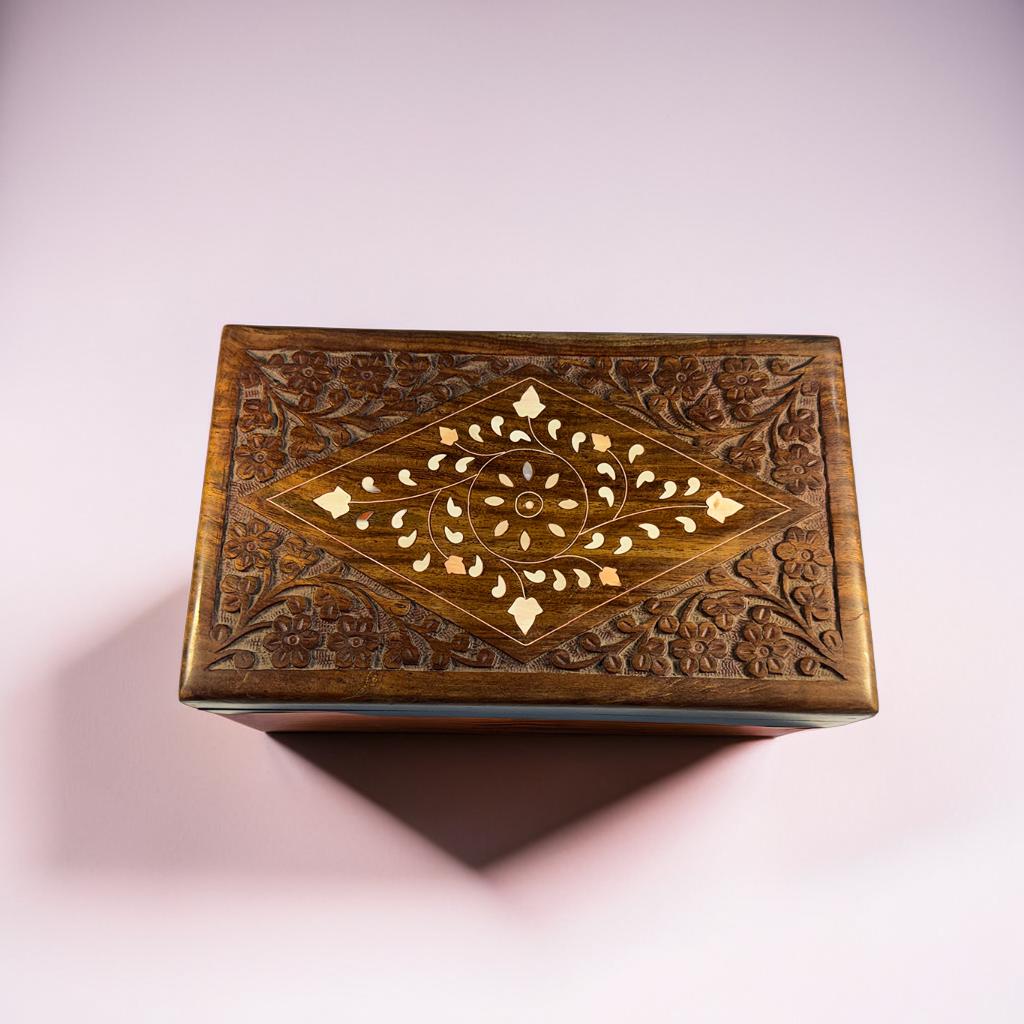 Handcrafted Sheesham Wood Jewelry Storage Box with Mirror (25×15×6 cm)