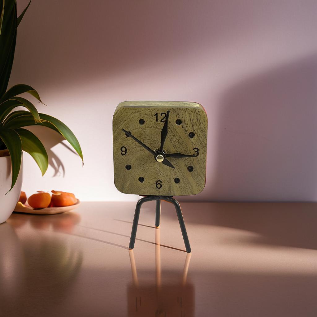 Handcrafted Wooden Table Clock with Metal Stand
