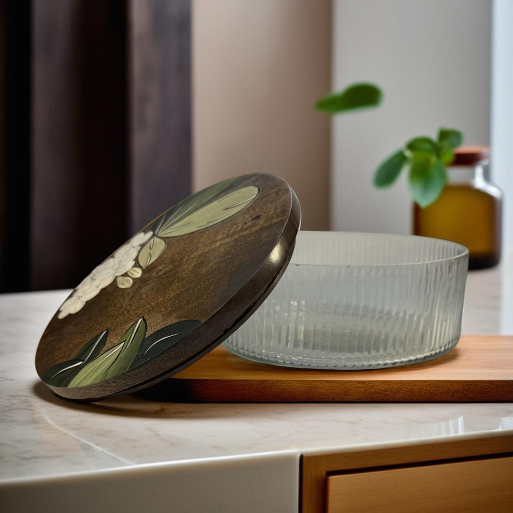 Fluted Glass Roti Box with Wooden Lid – 20x20x9.5 cm