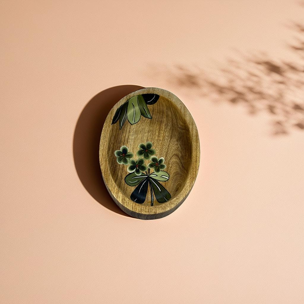 Hand-Painted Wooden Oval Tray – 16x12x2.5 cm