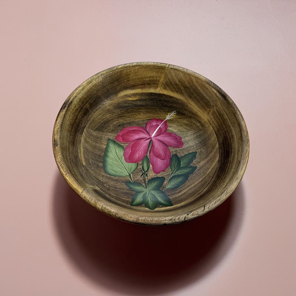 Premium Handcrafted Wooden Bowl with Hand-Painted Hibiscus Flower – Decorative & Functional