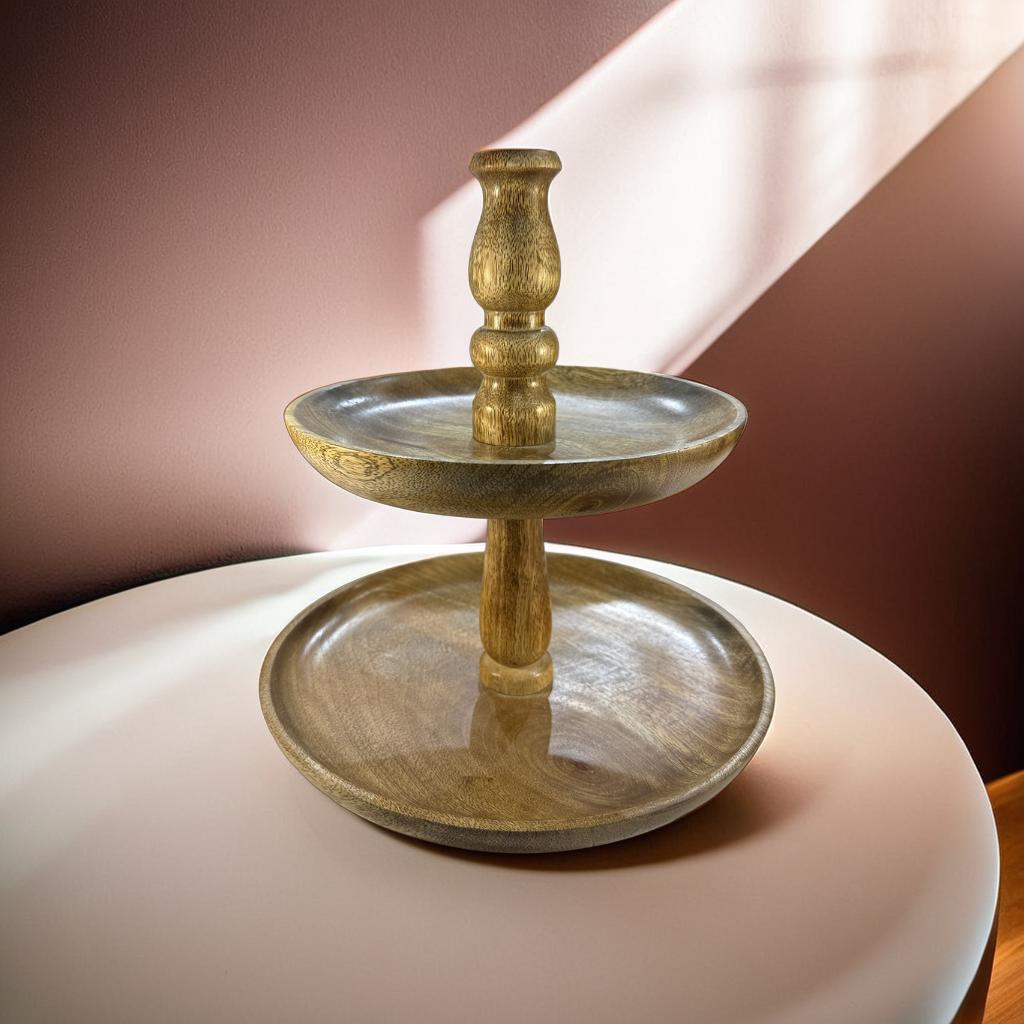 Handcrafted Wooden 2-Tier Serving Stand – 25x25x26 cm