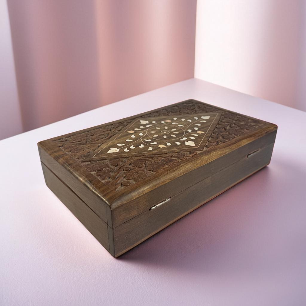 Handcrafted Sheesham Wood Jewelry Storage Box with Mirror (25×15×6 cm)