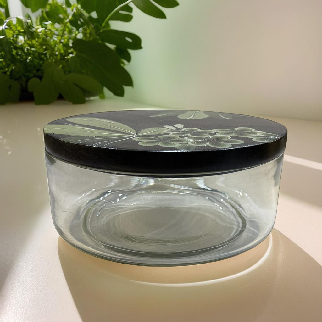 Glass Storage Jar with Hand-Painted Wooden Lid – 18x18x10 cm