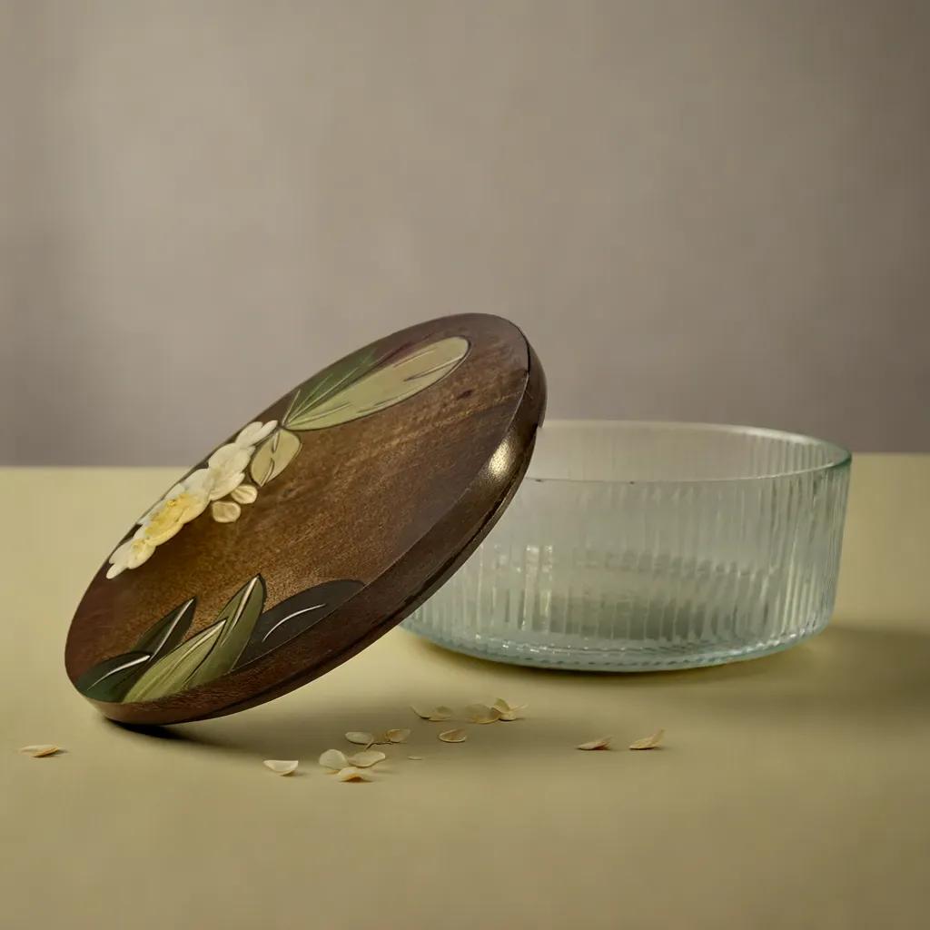 Fluted Glass Roti Box with Wooden Lid – 20x20x9.5 cm