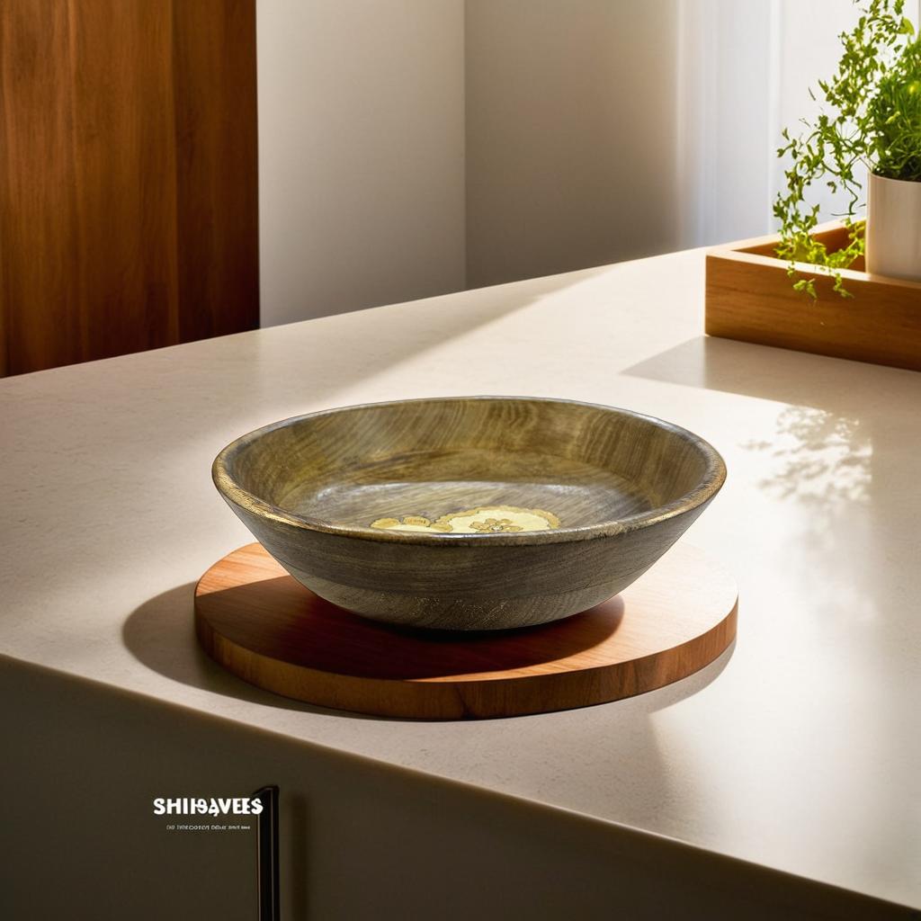 25 cm handcrafted mango wood bowl, featuring a hand-painted yellow floral design