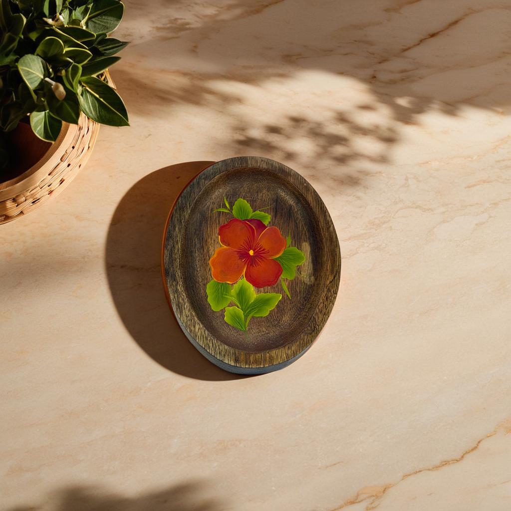 Hand-Painted Wooden Oval Tray – 16x12x2.5 cm