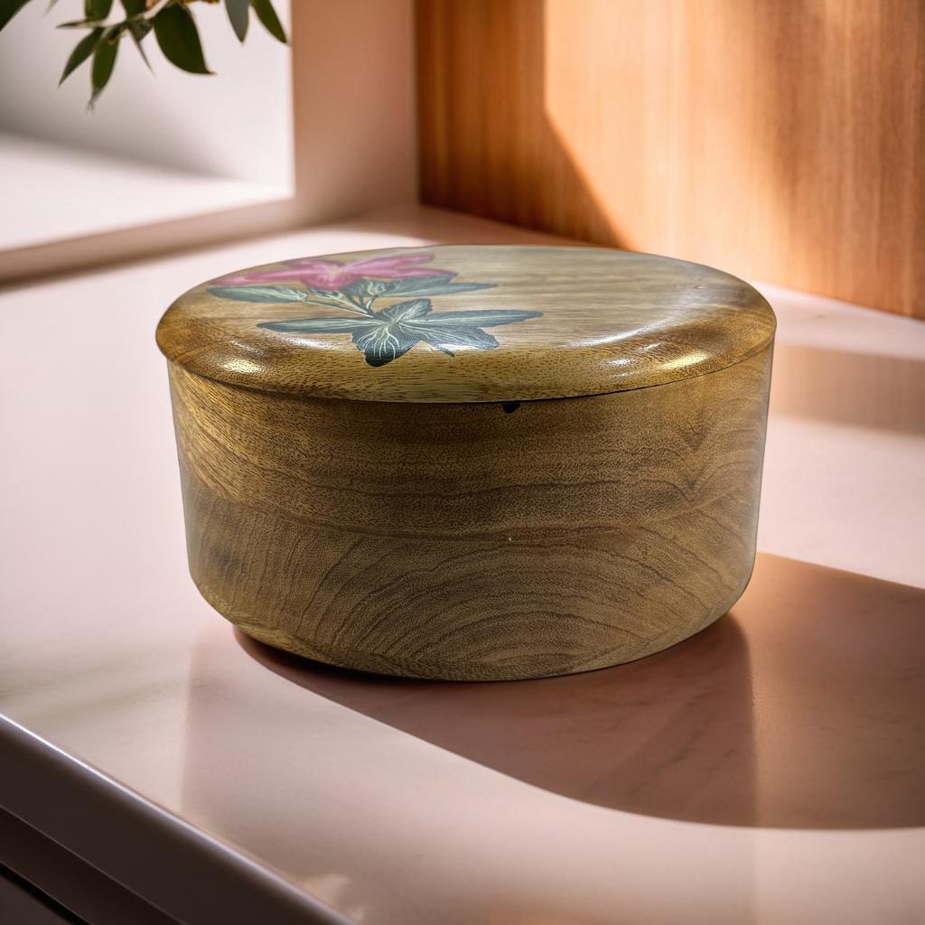 🌿 Handcrafted Wooden Bread/Roti Box with Floral Lid (20×20×9 cm)