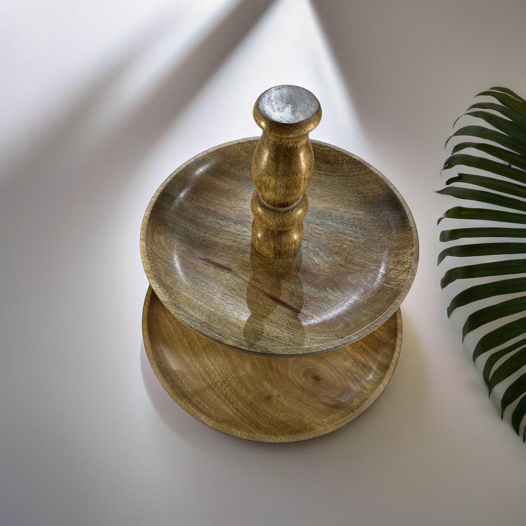 Handcrafted Wooden 2-Tier Serving Stand – 25x25x26 cm