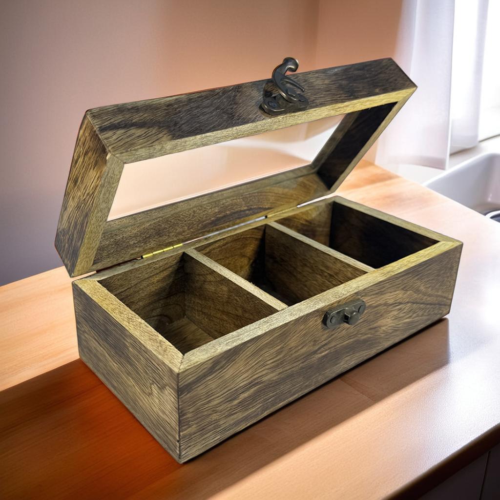 Handcrafted Wooden Tea & Storage Box with Glass Lid (20×10×7.5 cm)