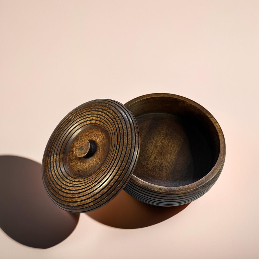 🪵 Handmade Carved Mango Wood Bowl with Lid | Sustainable Storage