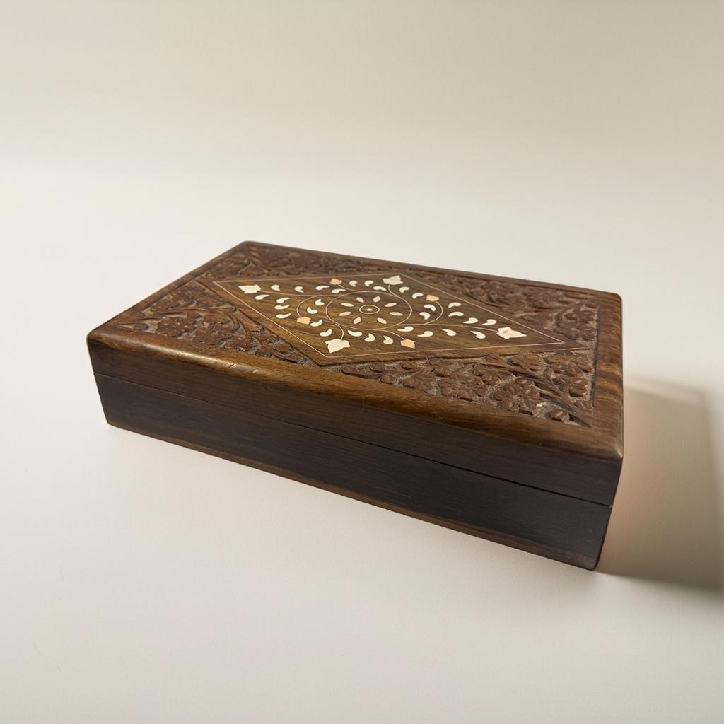 Handcrafted Sheesham Wood Jewelry Storage Box with Mirror (25×15×6 cm)