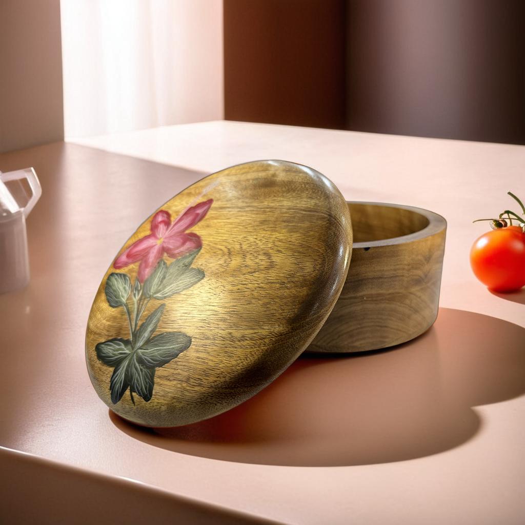 🌿 Handcrafted Wooden Bread/Roti Box with Floral Lid (20×20×9 cm)