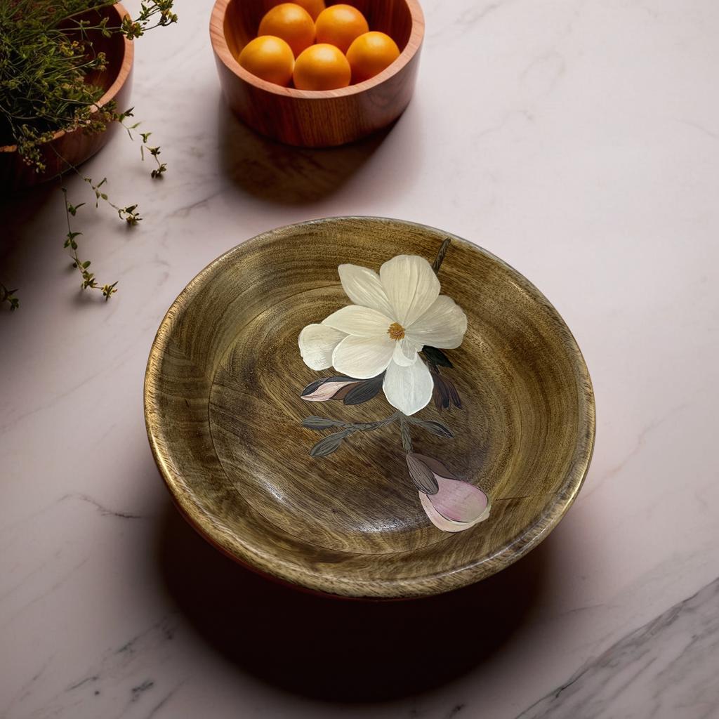 25 cm Handcrafted Mango Wood Bowl with Hand-Painted White Blossom Design – Decorative & Functional