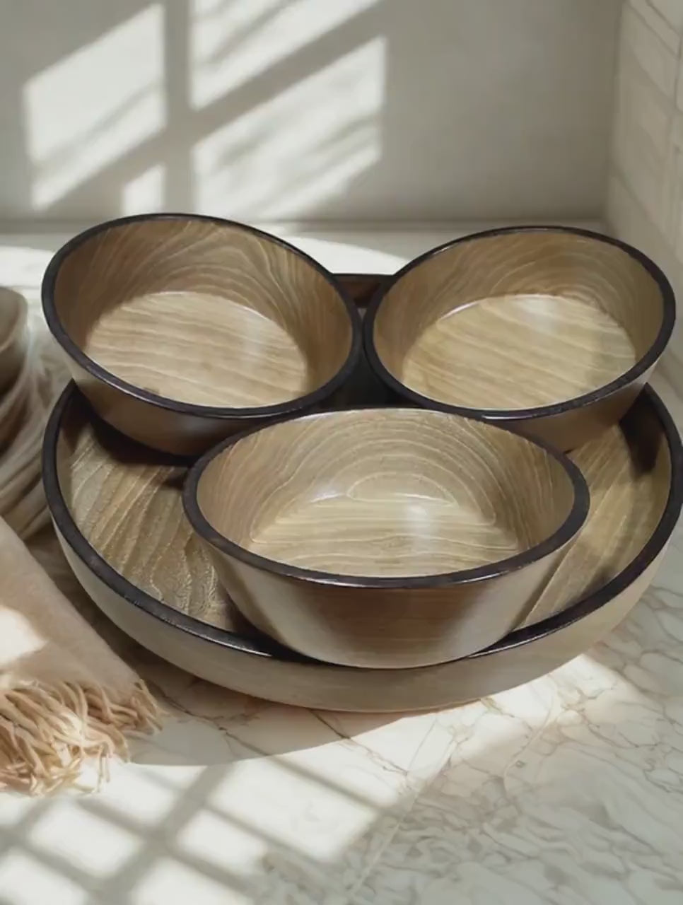 Handmade Walnut Tray Set: Round Ottoman Tray with Bowls
