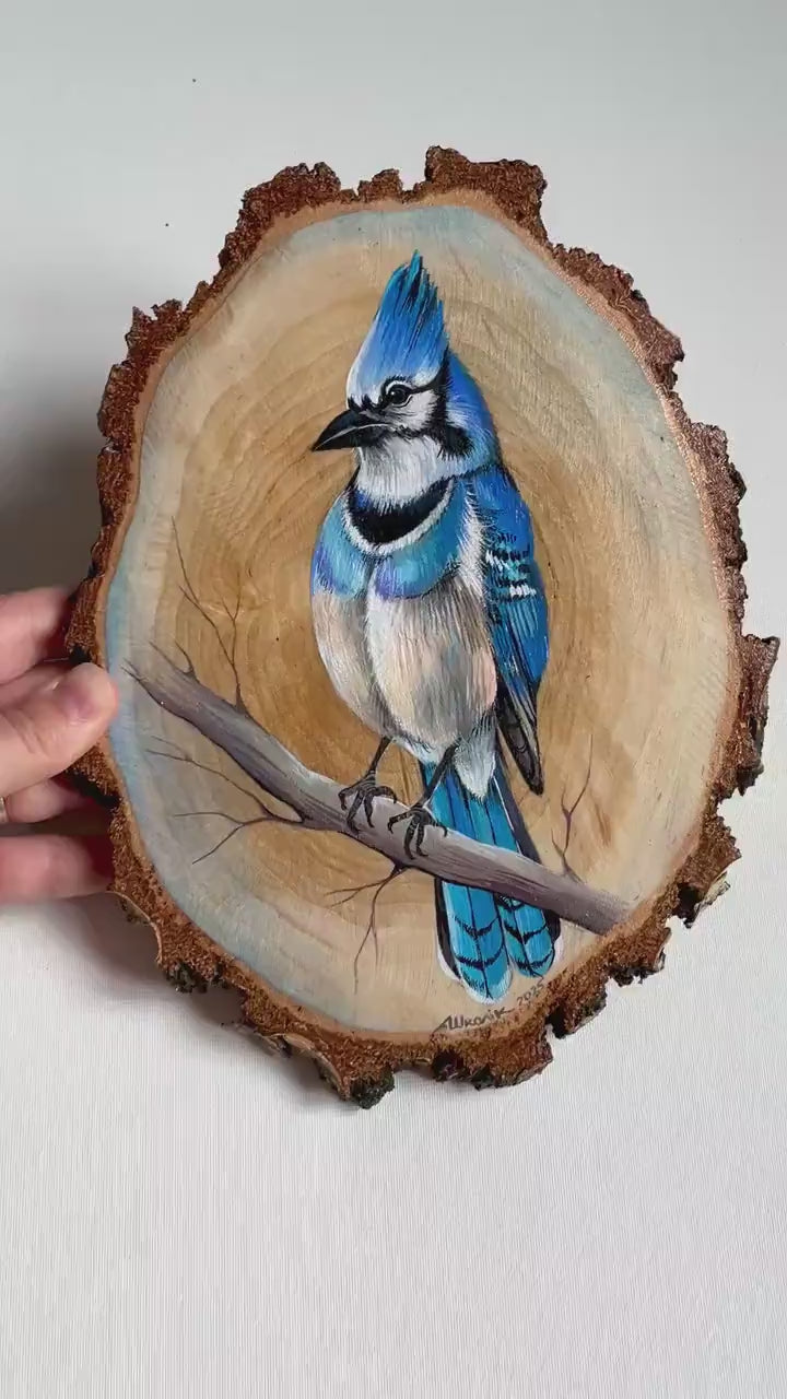 Original Hand-Painted Blue Bird on Natural Wood Slice – Wildlife Art on Real Wood by Arjun Handicrafts